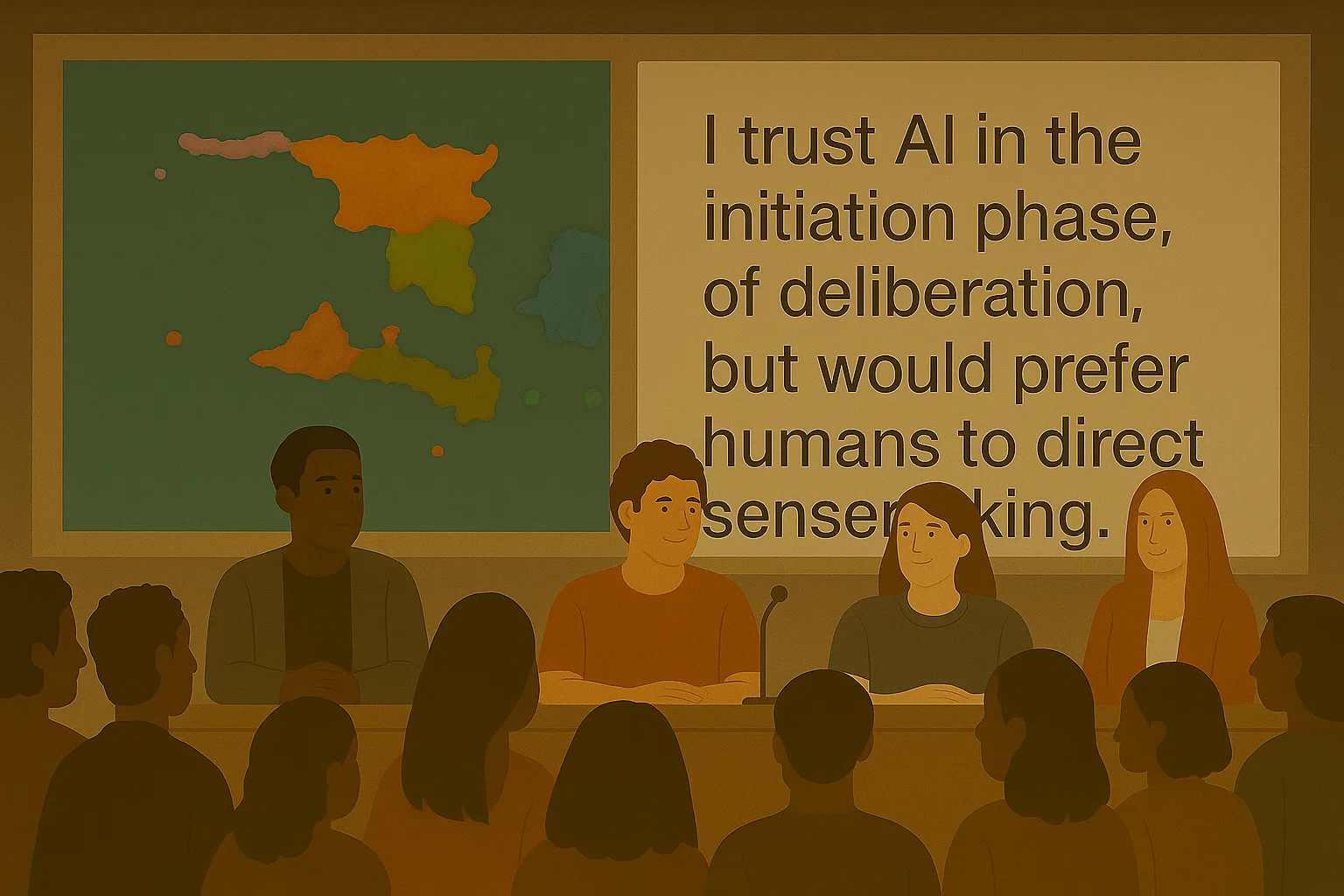 A conference panel in front of a screen with a map and a statement.